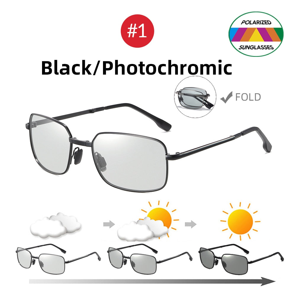 Lunettes de soleil pliables photochromiques pour hommes avec verres polarisés, monture rectangulaire en métal, lunettes de soleil tendance pour hommes