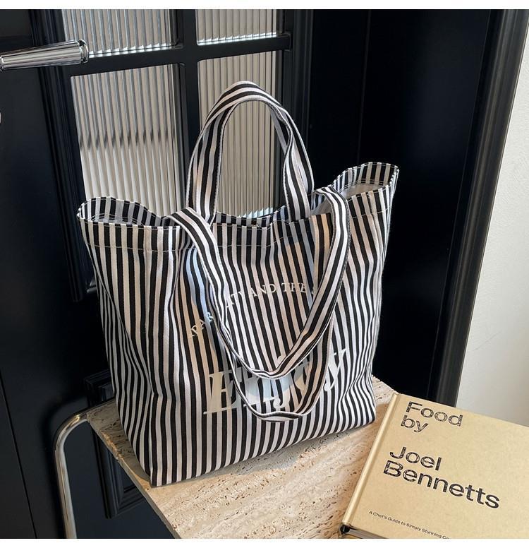 Colorful Stripe Canvas Tote Bag for Women, Large Capacity, Casual Shoulder Handbag, Simple Design