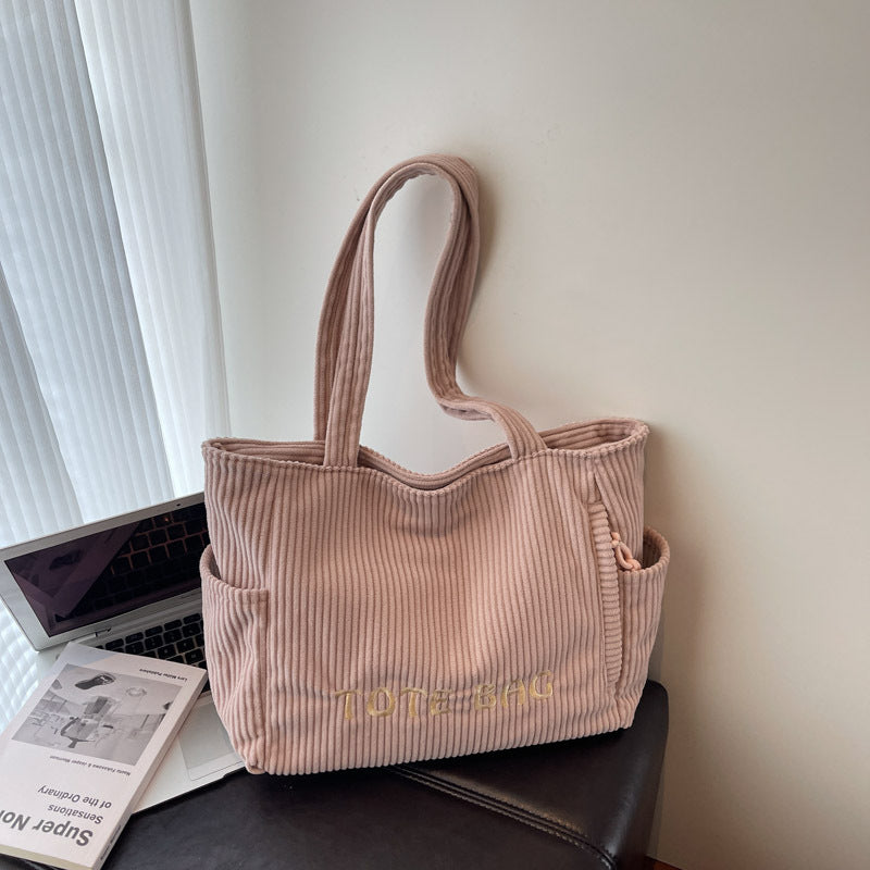 Corduroy shoulder bag large capacity student class bag women's solid color tote bag ﻿