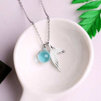Collier queue de sirène en argent sterling 925 avec pendentif sphère en cristal bleu clair, chaîne ajustable