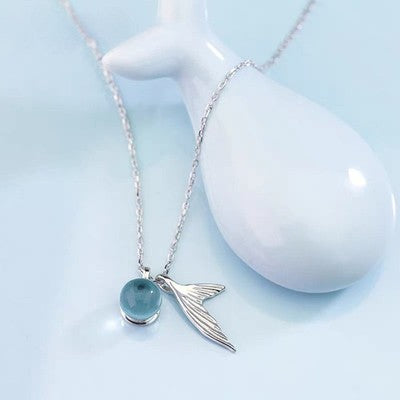 Collier queue de sirène en argent sterling 925 avec pendentif sphère en cristal bleu clair, chaîne ajustable