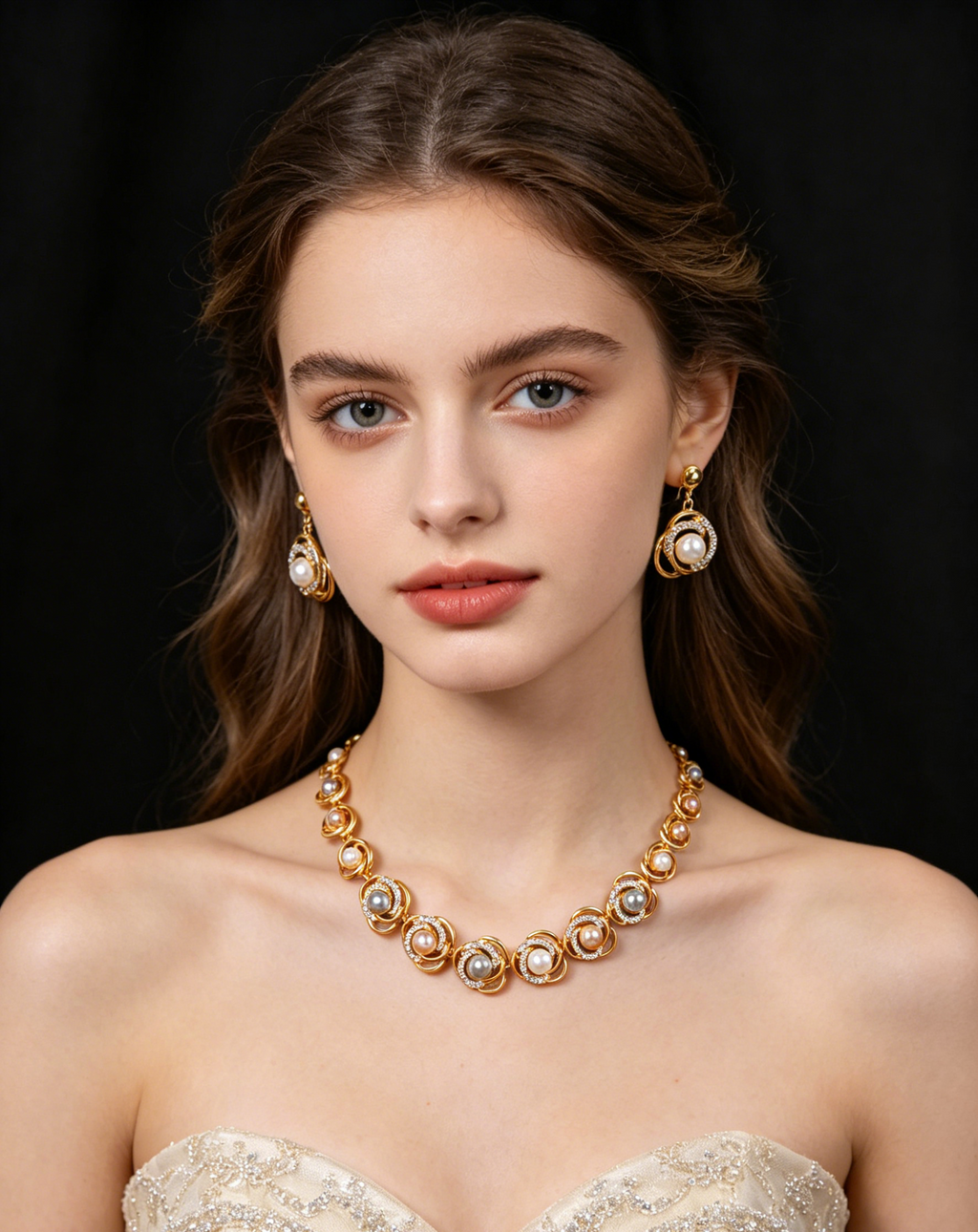 Juego de joyas de perlas con espiral de rosa de 2 colores, chapado en oro y plata, hipoalergénico, collar de perlas con diamantes de imitación y pendientes colgantes para mujer, para bodas o eventos formales.