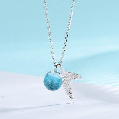 Collier queue de sirène en argent sterling 925 avec pendentif sphère en cristal bleu clair, chaîne ajustable