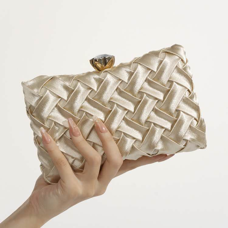 Luxury Pleated Woven Satin Evening Bag Gold Metal Frame Chain Bridal Wedding Formal Clutch Purse