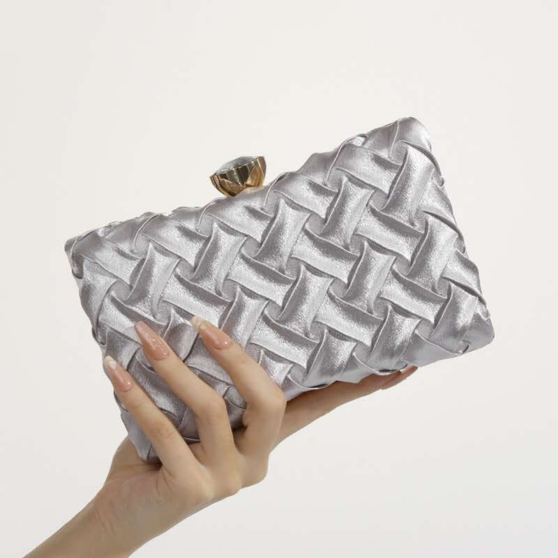 Luxury Pleated Woven Satin Evening Bag Gold Metal Frame Chain Bridal Wedding Formal Clutch Purse