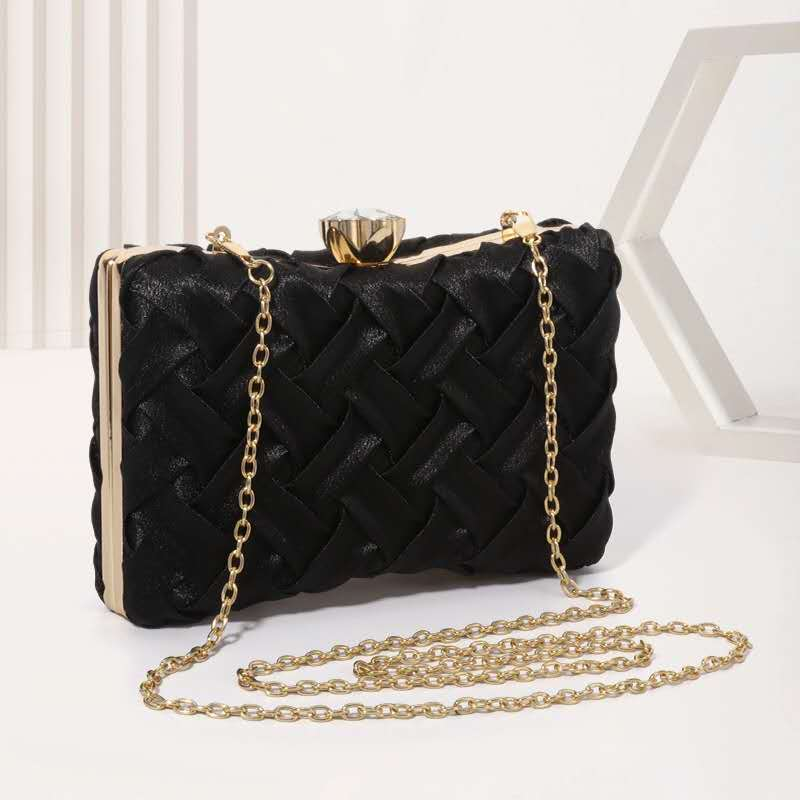 Luxury Pleated Woven Satin Evening Bag Gold Metal Frame Chain Bridal Wedding Formal Clutch Purse