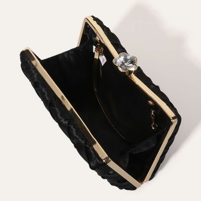 Luxury Pleated Woven Satin Evening Bag Gold Metal Frame Chain Bridal Wedding Formal Clutch Purse