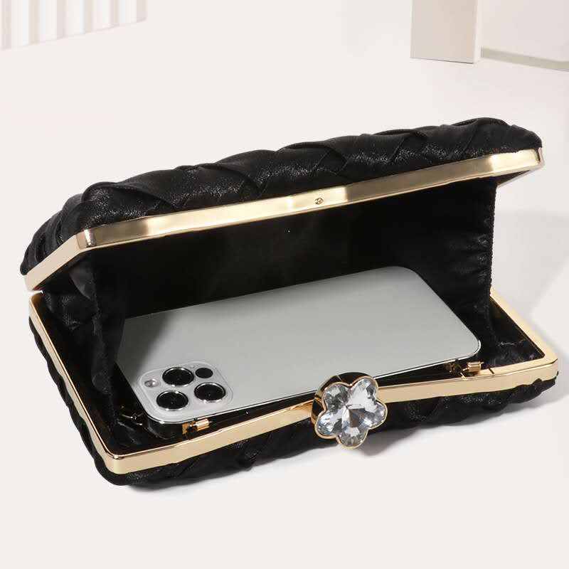 Luxury Pleated Woven Satin Evening Bag Gold Metal Frame Chain Bridal Wedding Formal Clutch Purse