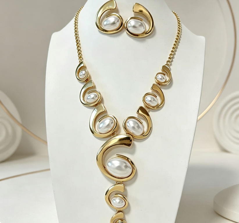 Modern Geometric Black & White Resin  Jewelry Set Gold Plated Curve Necklace Matching Stud Earrings Women Party Accessory