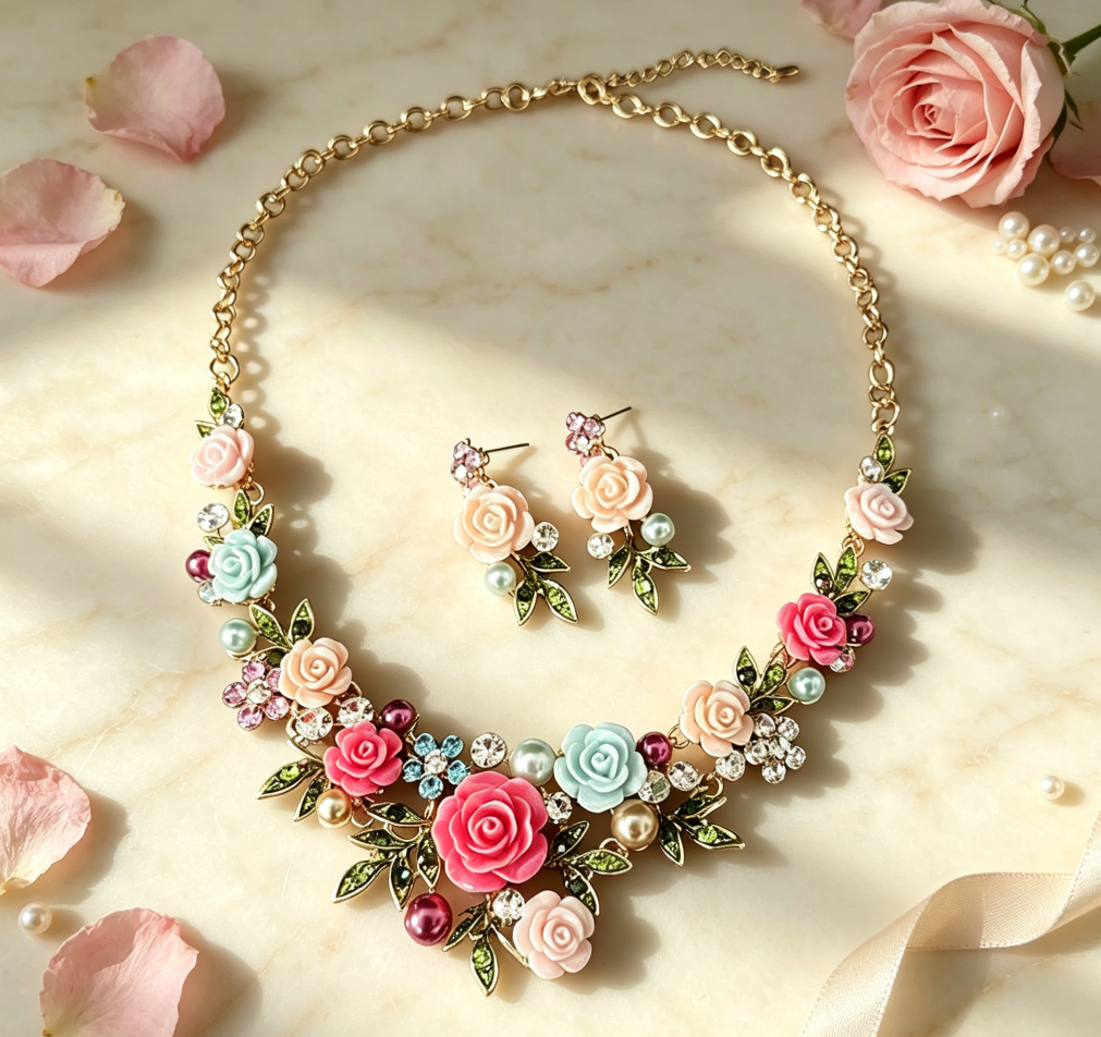 Vintage Colorful Resin Rose Flower Necklace Earrings Jewelry Set, Multicolor Floral Pearl Crystal Statement Collar Choker for Wedding Party Women Gift