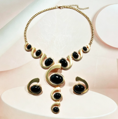 Modern Geometric Black & White Resin  Jewelry Set Gold Plated Curve Necklace Matching Stud Earrings Women Party Accessory