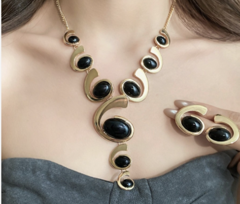Modern Geometric Black & White Resin  Jewelry Set Gold Plated Curve Necklace Matching Stud Earrings Women Party Accessory