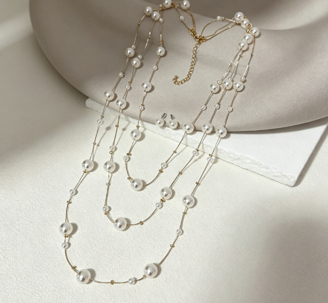 Multi Strand Gradient Floating Pearl Long Necklace & Matching Stud Earrings Gold Plated Adjustable Extension Chain Women Jewelry Kit