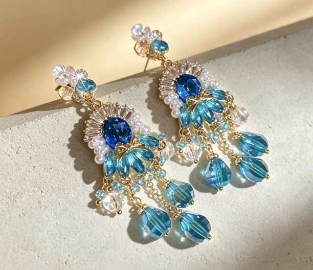 Ocean Blue Cubic Zirconia Crystal Tassel Drop Earrings Silver Pin Floral Pearl