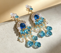 Ocean Blue Cubic Zirconia Crystal Tassel Drop Earrings Silver Pin Floral Pearl