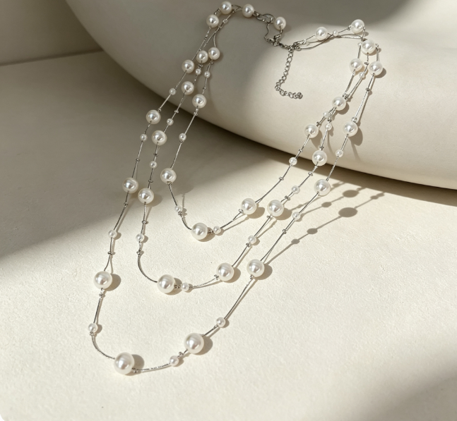 Multi Strand Gradient Floating Pearl Long Necklace & Matching Stud Earrings Gold Plated Adjustable Extension Chain Women Jewelry Kit
