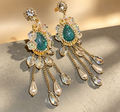 Elegant Multilayer Chain Tassel Earrings Sparkly Crystal Flower Turquoise Stone Silver Stud Women Gift