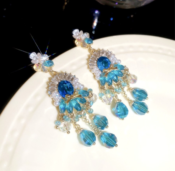 Ocean Blue Cubic Zirconia Crystal Tassel Drop Earrings Silver Pin Floral Pearl