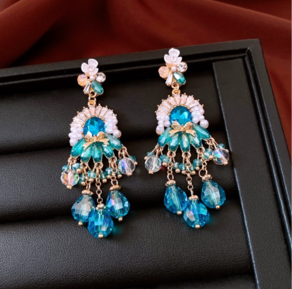 Ocean Blue Cubic Zirconia Crystal Tassel Drop Earrings Silver Pin Floral Pearl