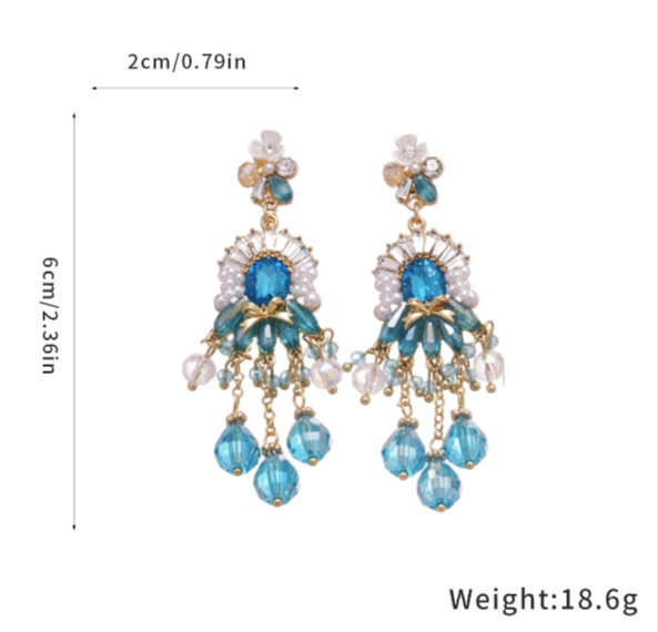 Ocean Blue Cubic Zirconia Crystal Tassel Drop Earrings Silver Pin Floral Pearl