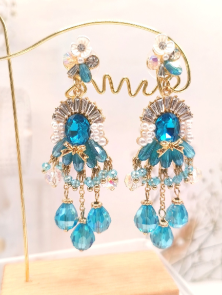 Ocean Blue Cubic Zirconia Crystal Tassel Drop Earrings Silver Pin Floral Pearl
