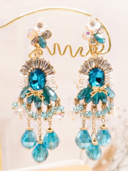 Ocean Blue Cubic Zirconia Crystal Tassel Drop Earrings Silver Pin Floral Pearl