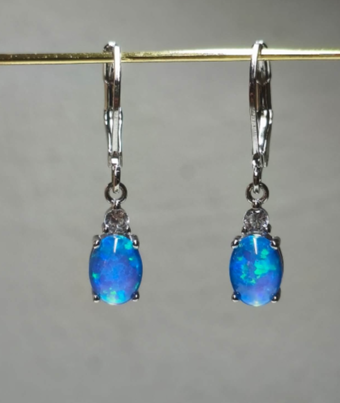 Oval Opal Leverback Drop Earrings, Silver & Rose Gold Plated