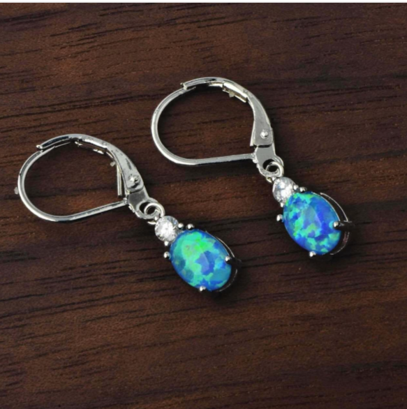 Oval Opal Leverback Drop Earrings, Silver & Rose Gold Plated