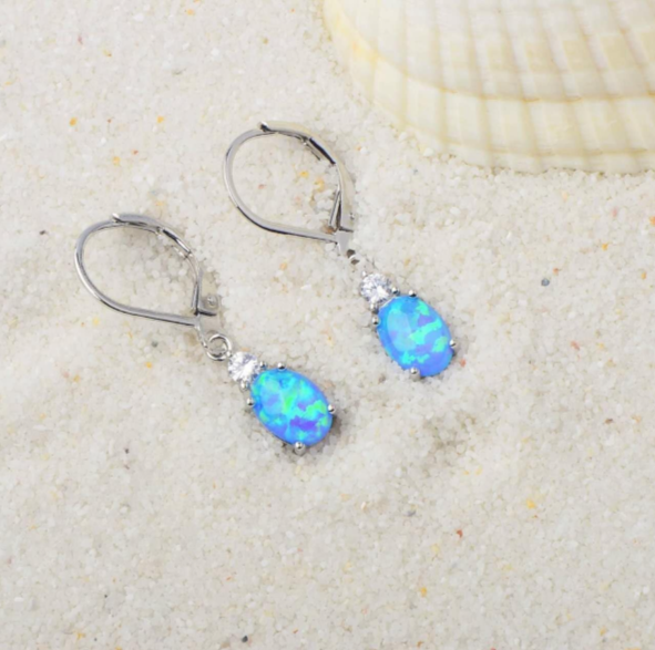 Oval Opal Leverback Drop Earrings, Silver & Rose Gold Plated