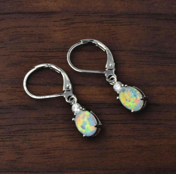 Oval Opal Leverback Drop Earrings, Silver & Rose Gold Plated