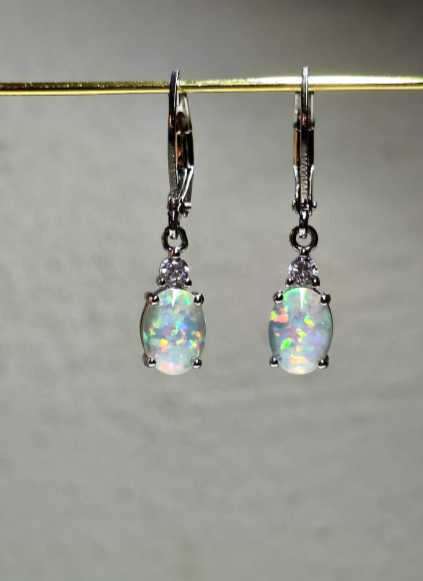Oval Opal Leverback Drop Earrings, Silver & Rose Gold Plated