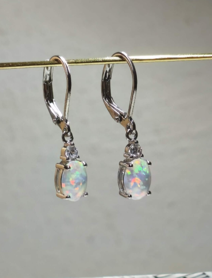Oval Opal Leverback Drop Earrings, Silver & Rose Gold Plated
