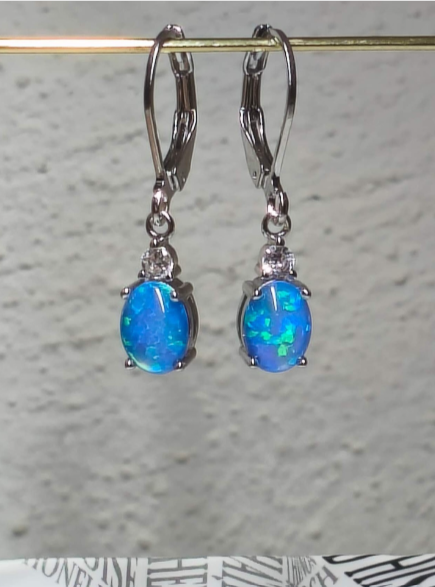 Oval Opal Leverback Drop Earrings, Silver & Rose Gold Plated