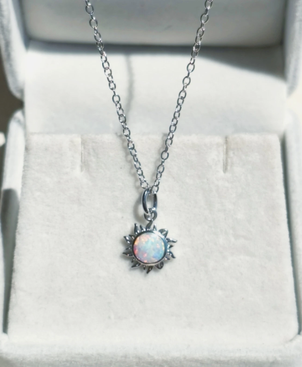 18K white gold plated opal necklace with sun-shaped pendant