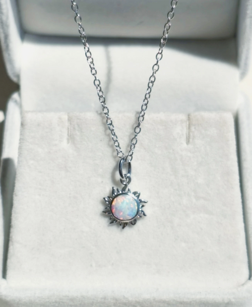 18K white gold plated opal necklace with sun-shaped pendant