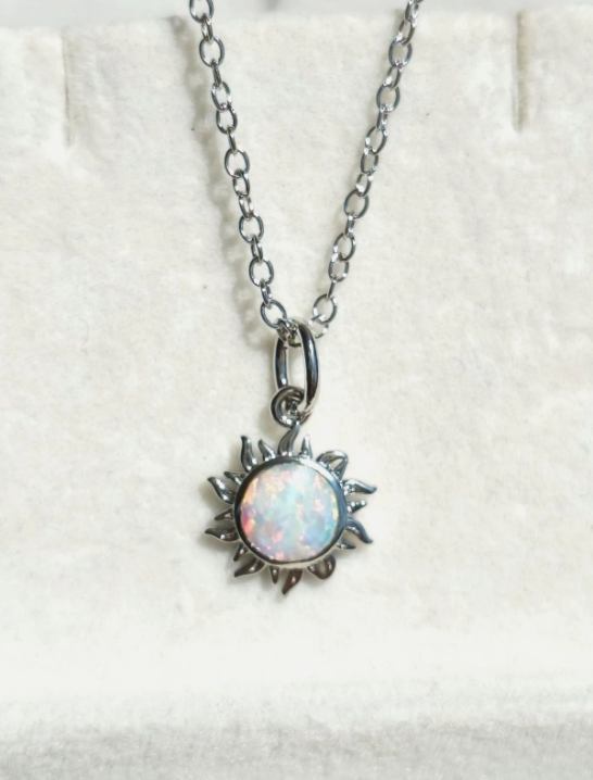 18K white gold plated opal necklace with sun-shaped pendant