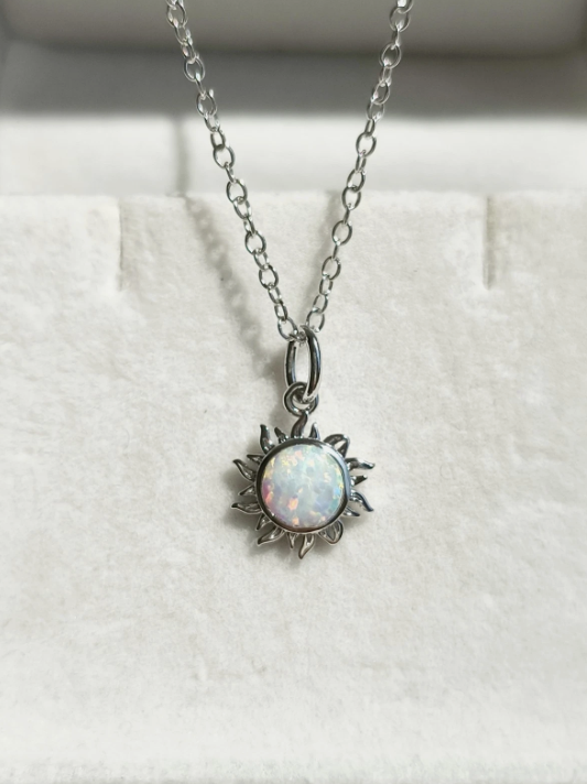 18K white gold plated opal necklace with sun-shaped pendant