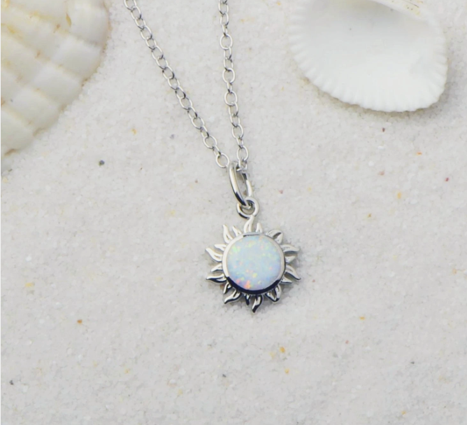 18K white gold plated opal necklace with sun-shaped pendant