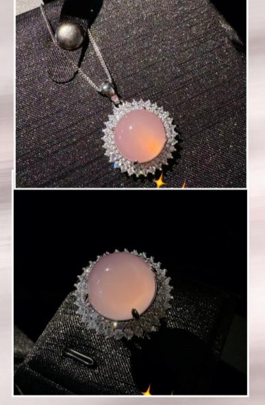 Set of necklace and ring with round pink gemstone, silver-plated zirconia