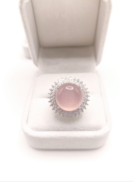 Set of necklace and ring with round pink gemstone, silver-plated zirconia