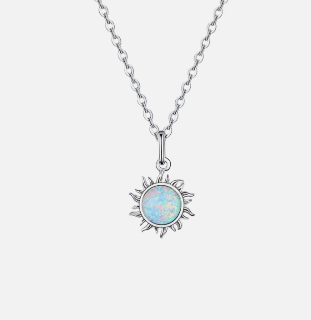 18K white gold plated opal necklace with sun-shaped pendant