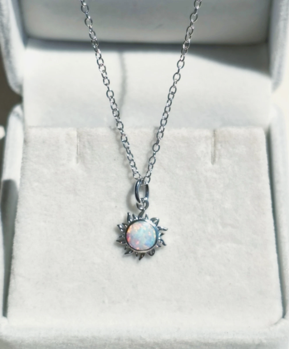 18K white gold plated opal necklace with sun-shaped pendant