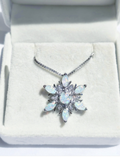 Opal Snowflake Pendant Necklace, 2 Colors, Silver Plated