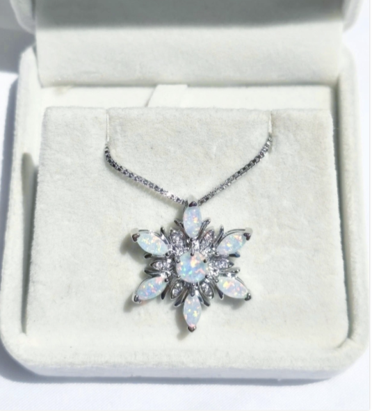 Opal Snowflake Pendant Necklace, 2 Colors, Silver Plated