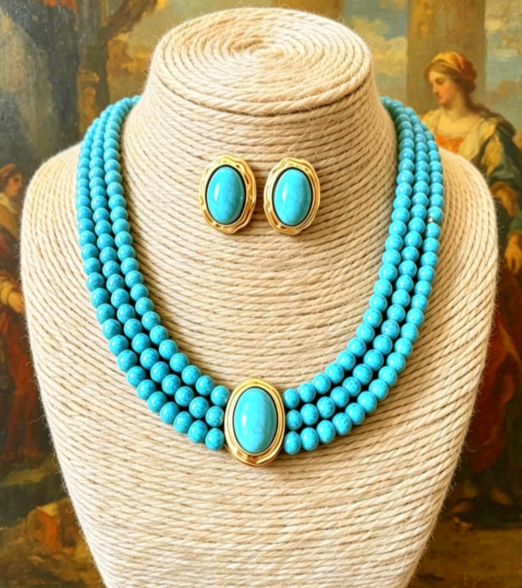 Set of 2 Vintage-Style Multi-Strand Natural Turquoise Stone Bead Sets with earrings and necklace only