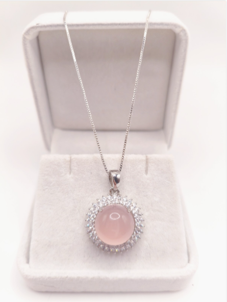 Set of necklace and ring with round pink gemstone, silver-plated zirconia