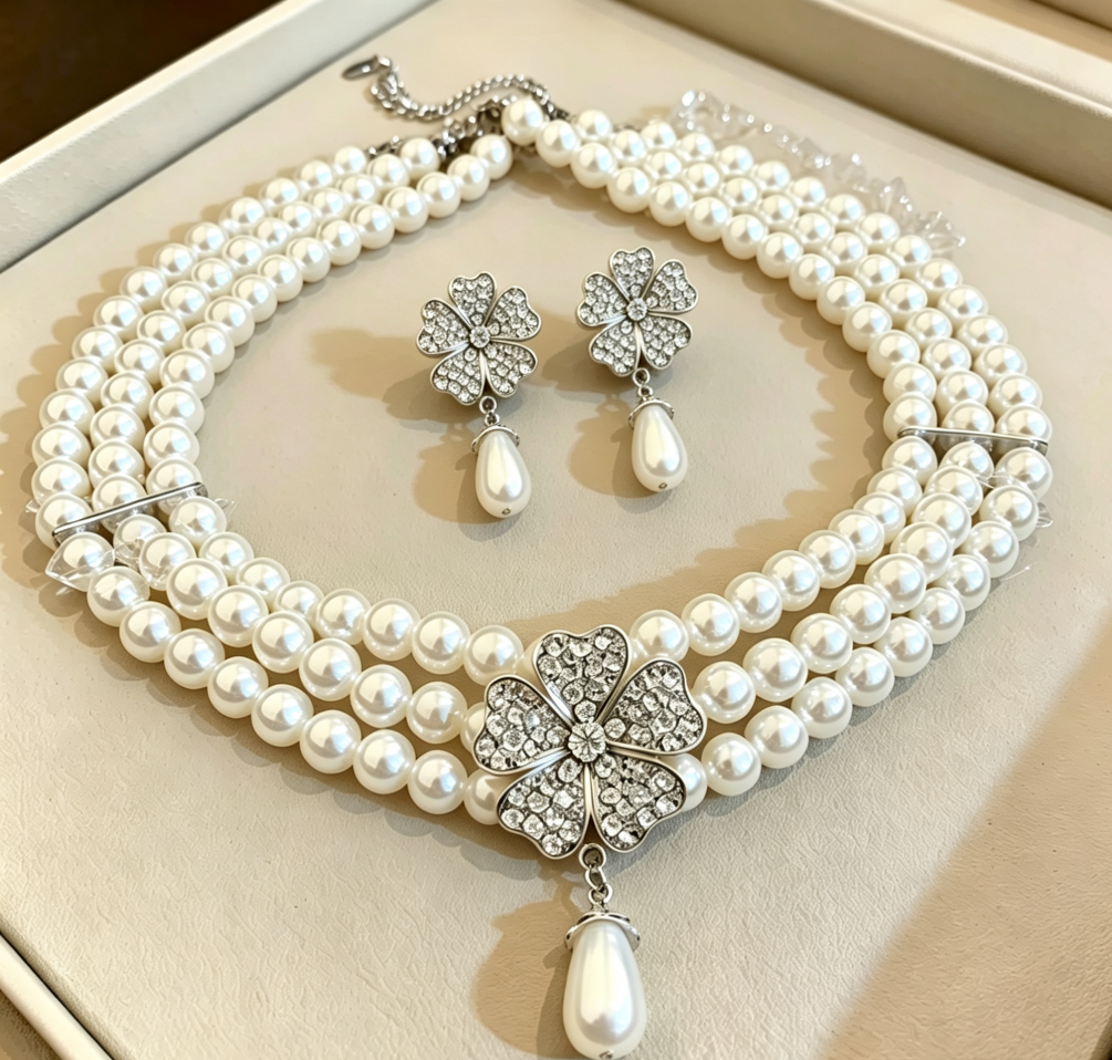 Vintage SET of Multi-Pearl and Floral Rhinestone Teardrop 2PCS