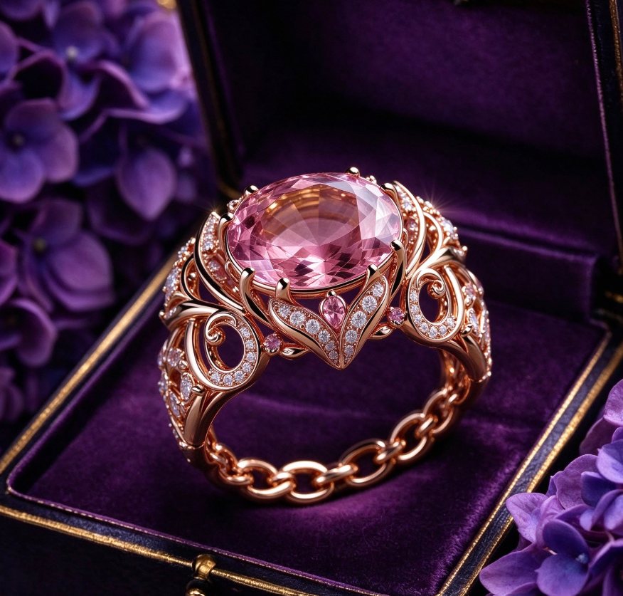 Elegant ring with a pink gemstone and court-style floral motifs.