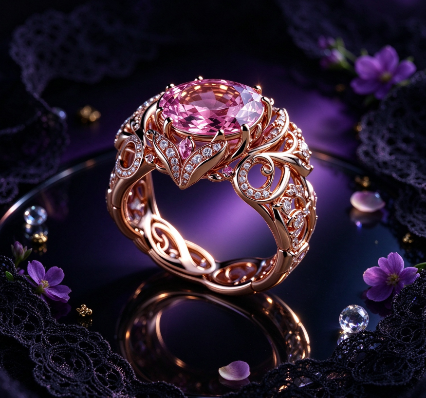 Elegant ring with a pink gemstone and court-style floral motifs.