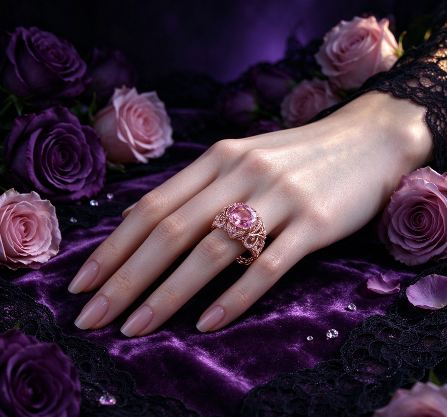 Elegant ring with a pink gemstone and court-style floral motifs.